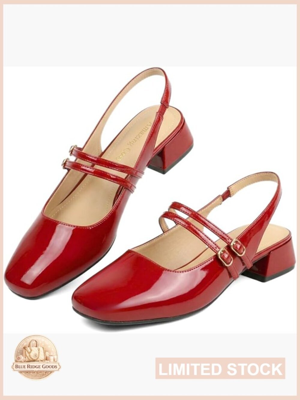 Mary Jane Pumps Low Chunky Heel Patent Leather Double Strap Slingback Square